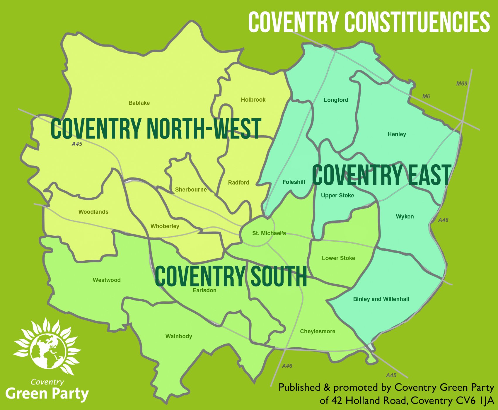 Coventry Green Party map 2024 - three Coventry Constituencies